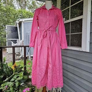 Free Assembly Pink Eyelet Midi Shirt Dress LS Button Front Tie Waist Cotton Boho